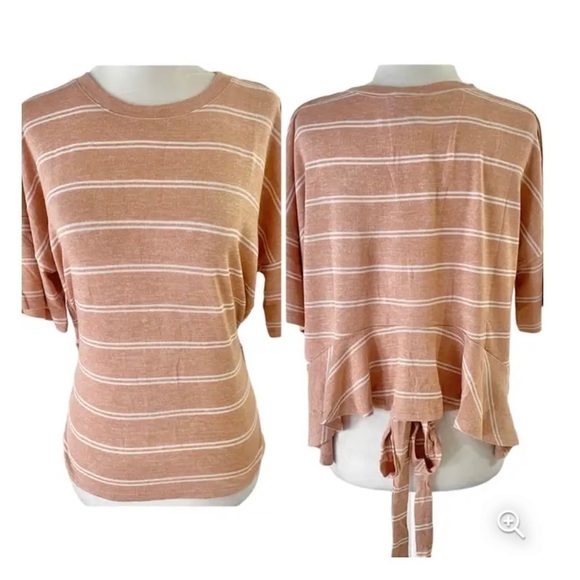 Urban Outfitter New Tie Back Ruffle Hem Short Sleeve Top Striped Knit Amber - Picture 4 of 6
